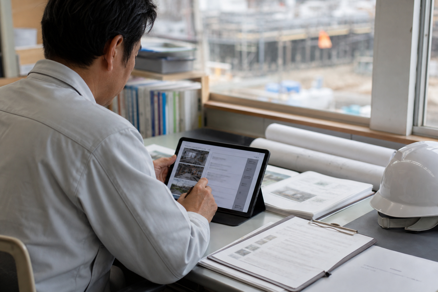 建設現場の書類とタブレットを確認する担当者