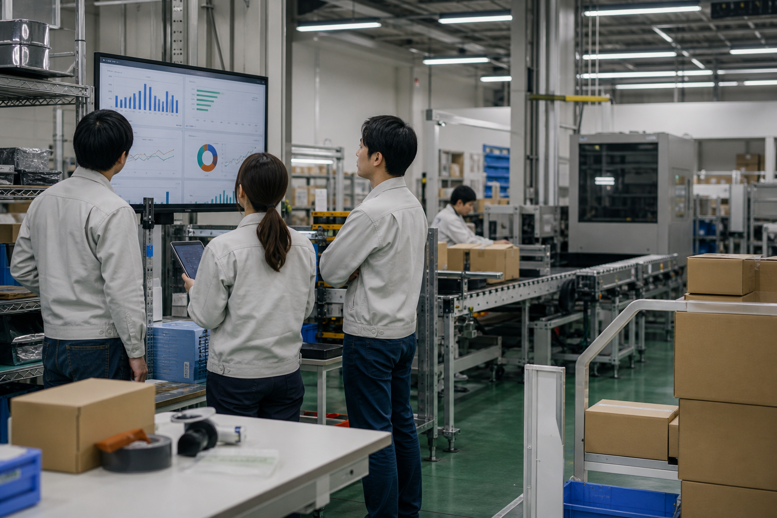 製造ラインで業務状況を確認するスタッフ