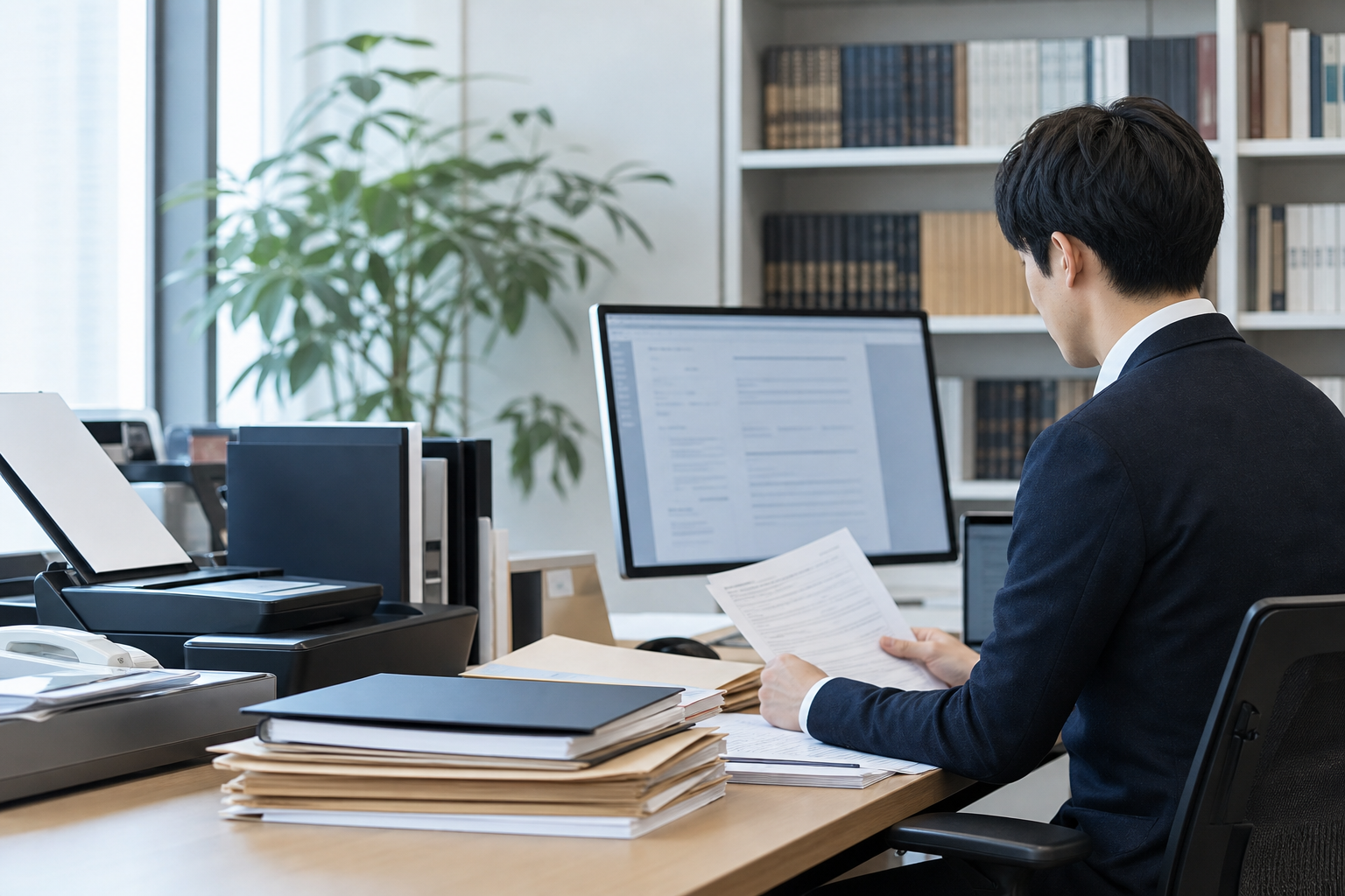 専門職のオフィスで書類を確認する担当者