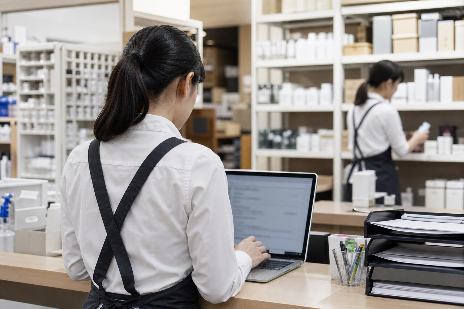 小売バックヤードで情報を確認するスタッフ
